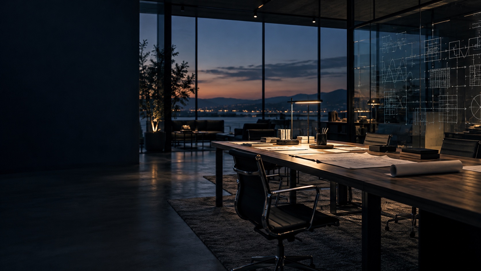 A quiet engineering studio with a system map on glass.