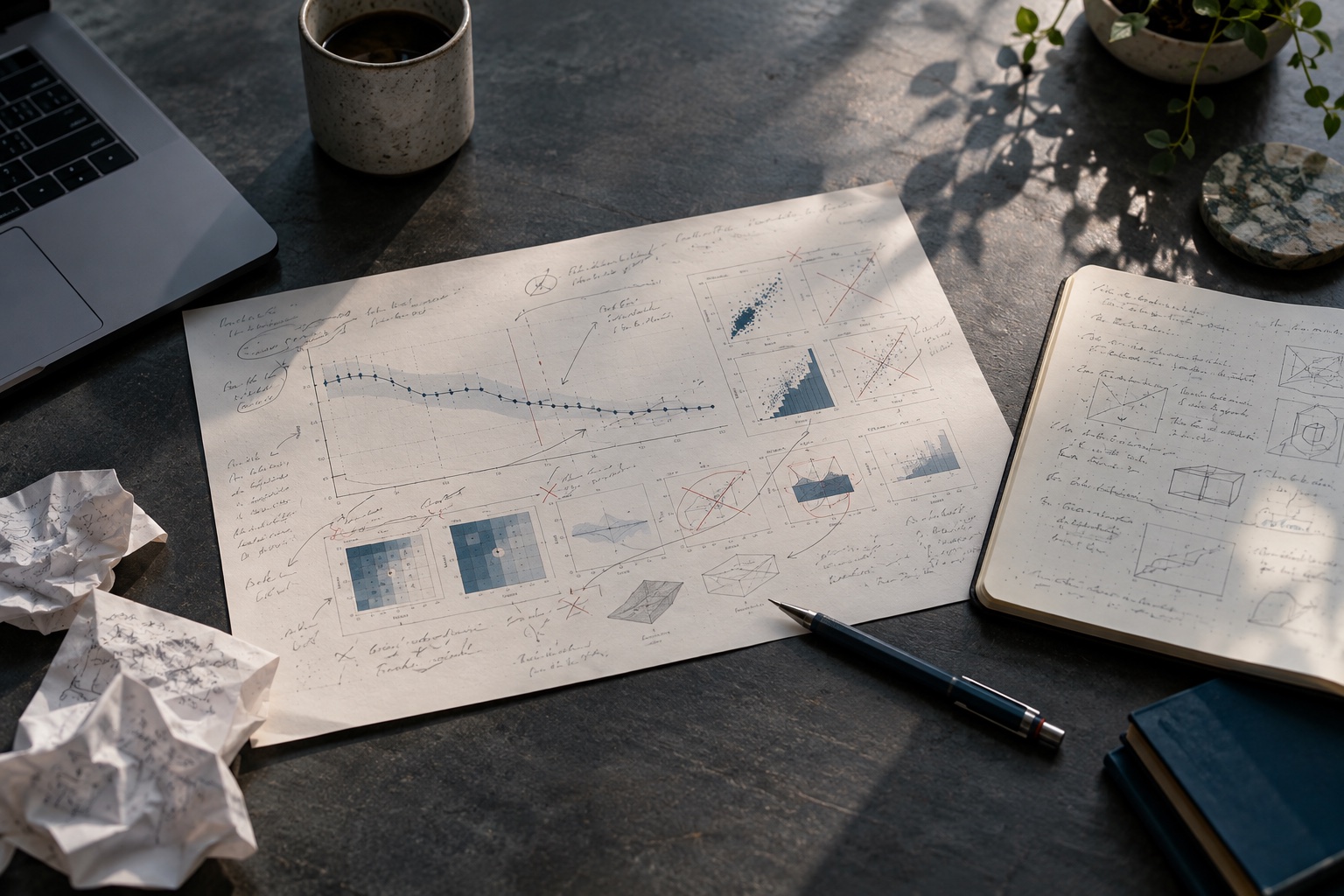 Annotated research notes and a chart on a desk.