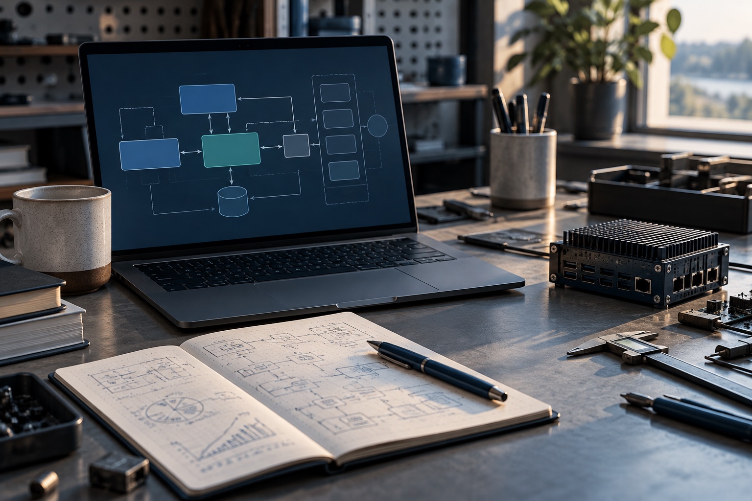 An engineering workspace with a system diagram, notebook and computer.